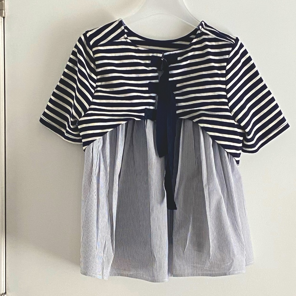 Utility Navy and White Striped Shirt with Ribbon Buckles
